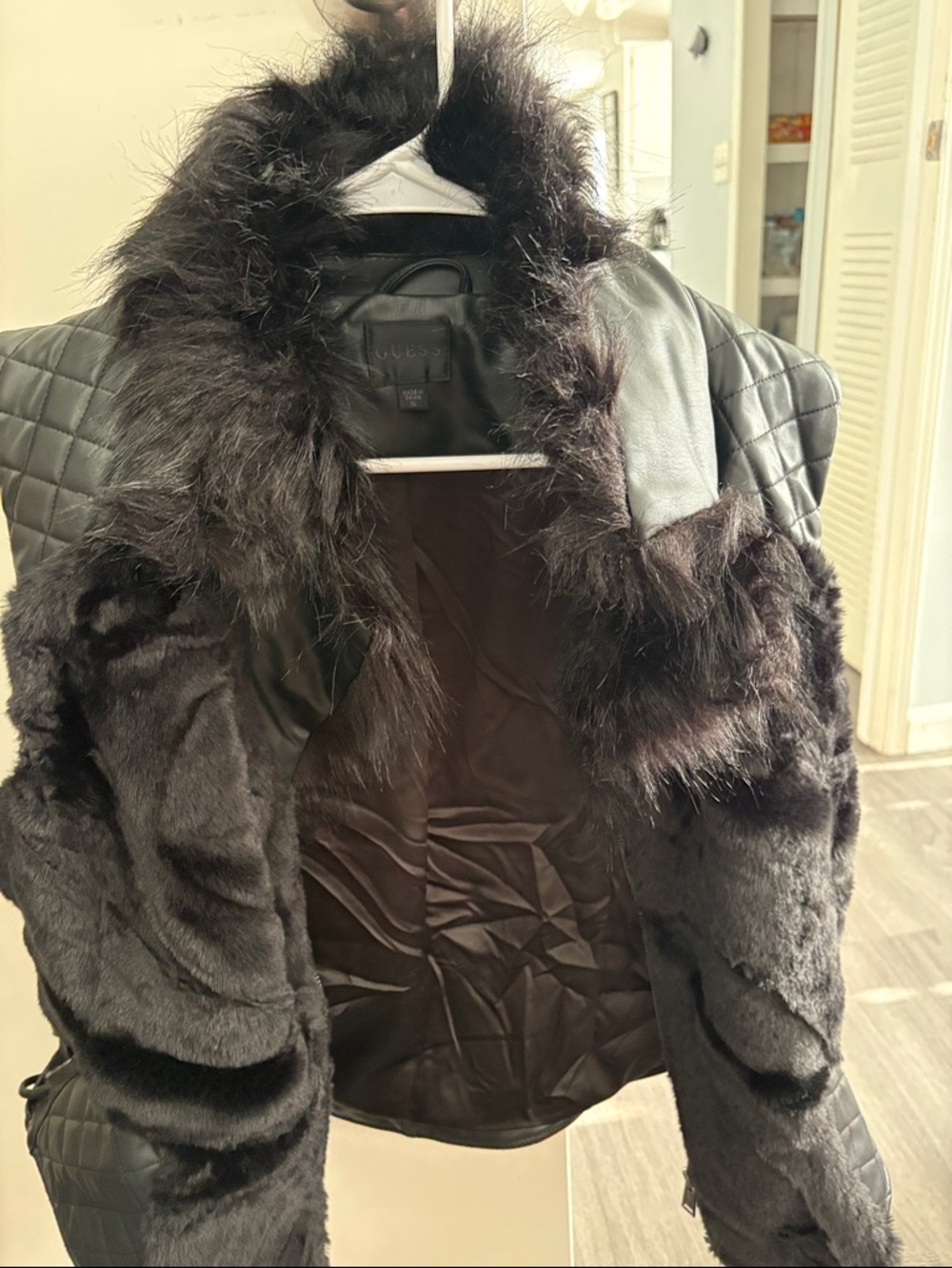 Guess Black Quilted Leather Jacket with Faux Fur Trim
